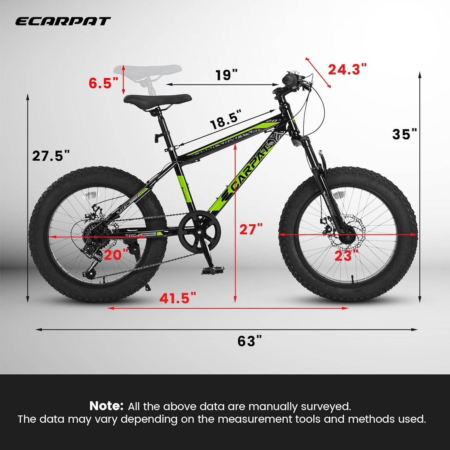 Mountain Bike 20 inch Wheels Fat Tire Bike,4" Wide Fat Tire Snow Mountain Bike ,7 Speed Teenager Children Kids' Bicycles