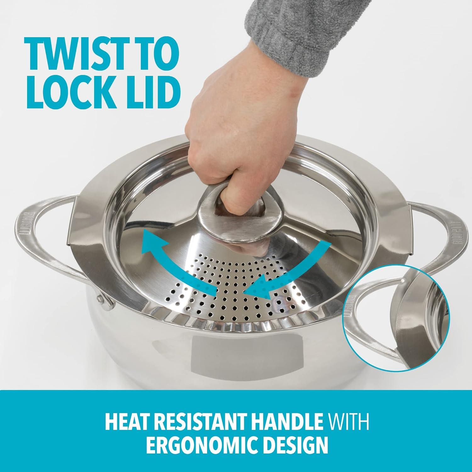 Bialetti 6 Quart Nonstick Oval Pasta Pot with Strainer Lid, Stainless-Steel