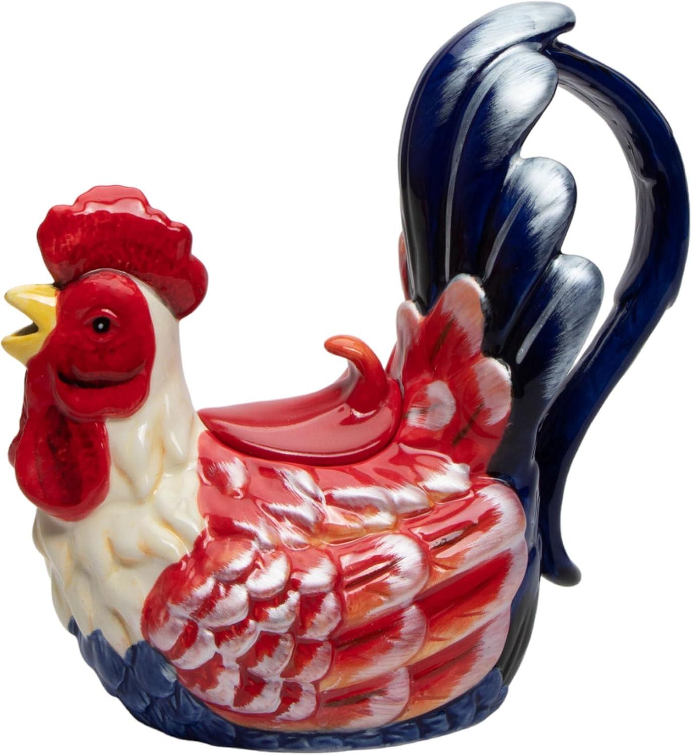 Ceramic Blue Red Rooster Teapot 14oz 7.75x4x7.5 Fall Gift