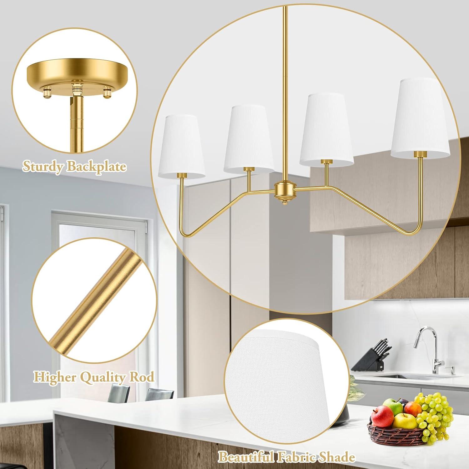 Brightever 4-Light Gold Linear Chandelier, Kicthen Island Light Fixture for Dining Room Over Table, Modern Pendant Lighting with White Fabric Shades for Pool Table, E12 Base (Bulb not Included)