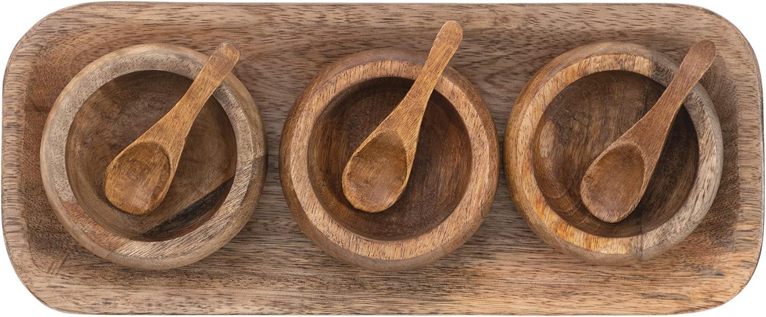 Natural Mango Wood Spice Bowl Set with Spoons and Tray