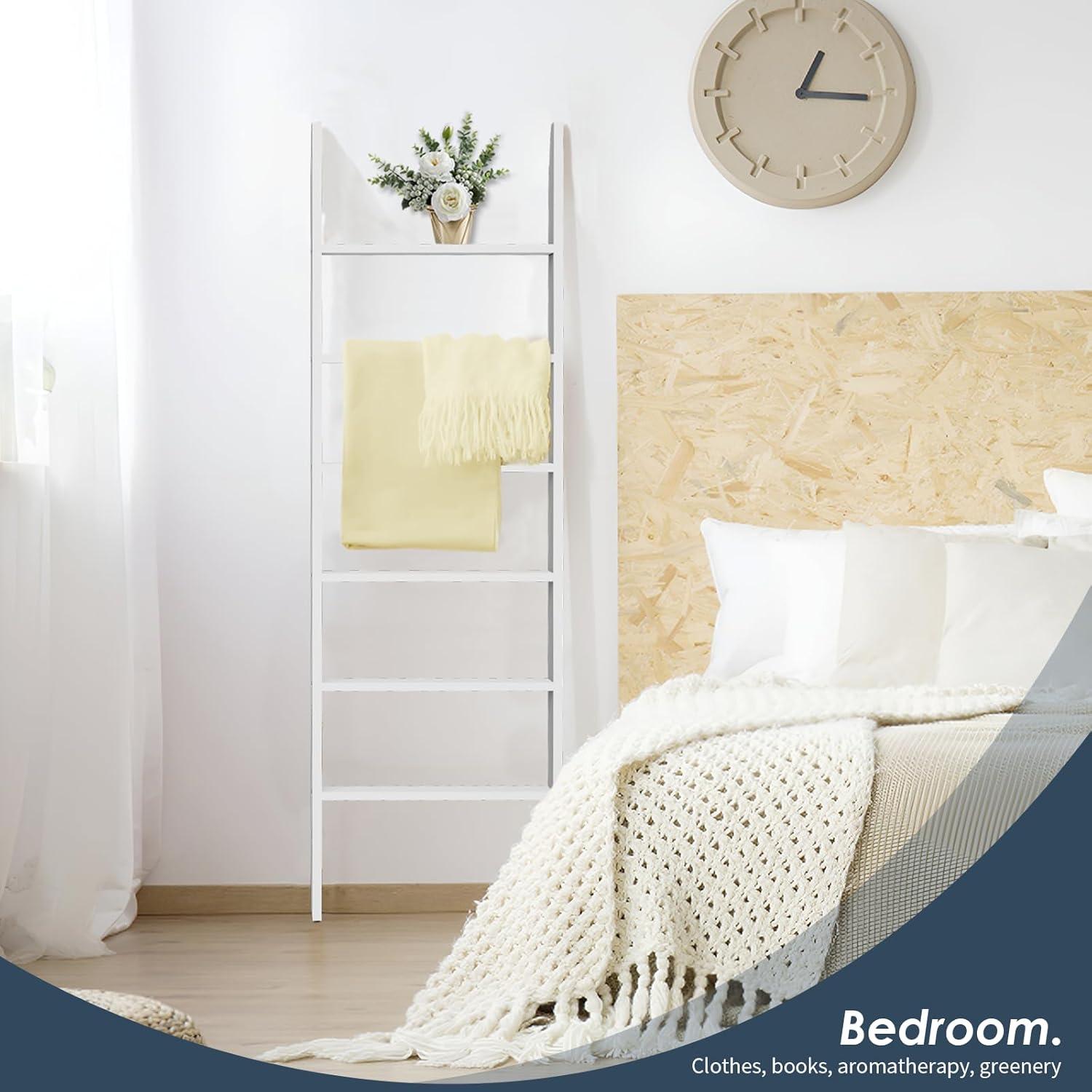 Latitude Run® Wood Blanket Ladder, 57.5'' Rustic Towel Quilt Throw Blanket Ladders For The Living Room, Bedroom, Nursery Stand Holder, Wooden Decorative Ladder For Blankets Rack Farmhouse Home Decor, White