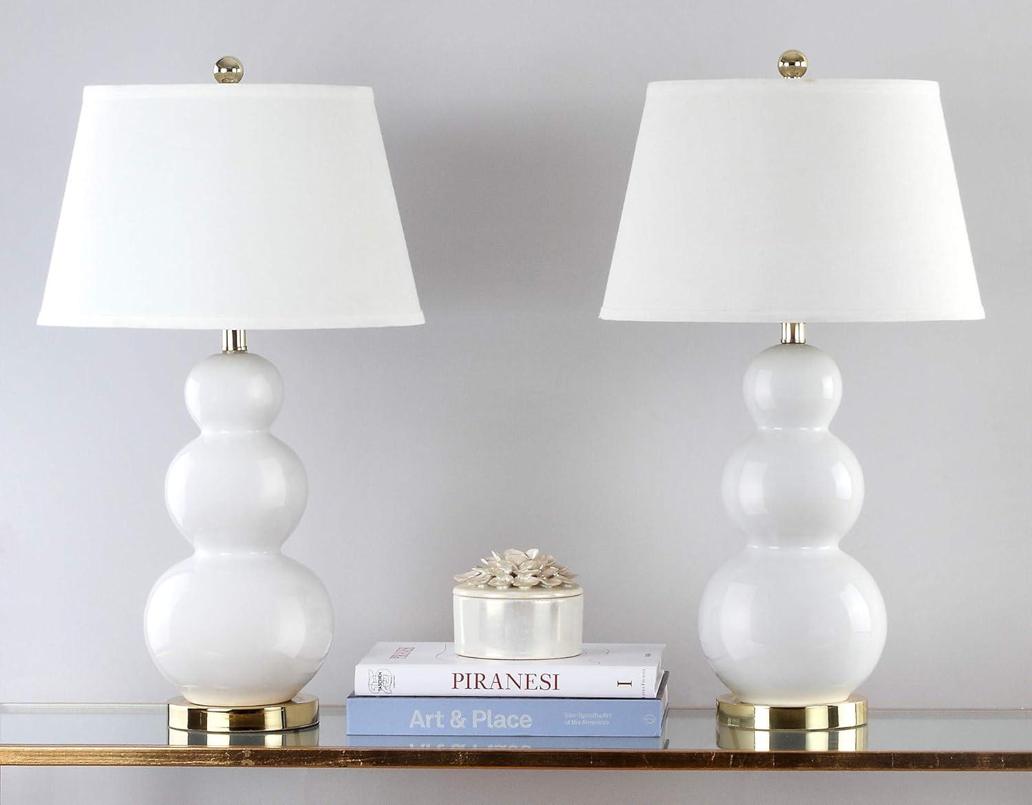 Elegant White Ceramic Gourd Table Lamp Set with Off-White Shade, 28"