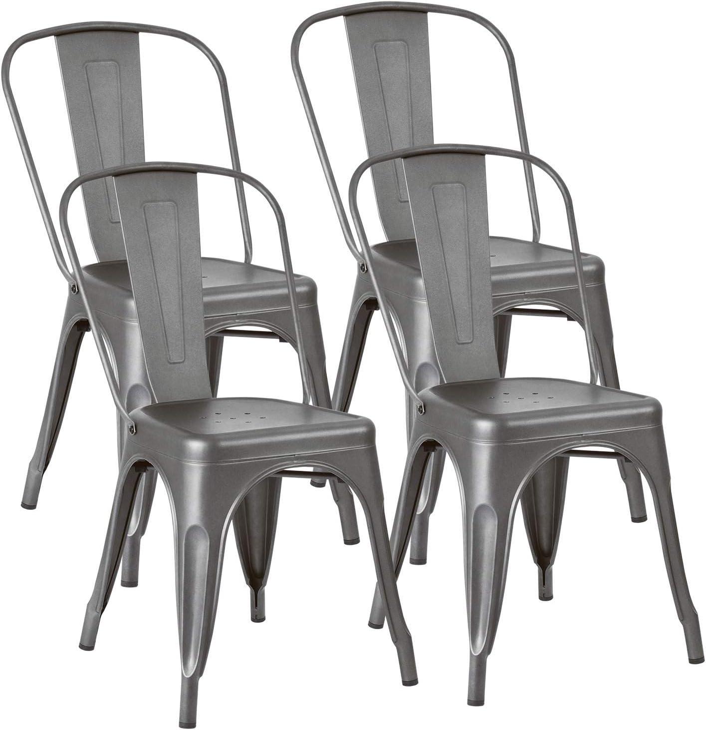 JUMMICO Metal Dining Chair Stackable Indoor Outdoor Industrial Vintage Chairs Bistro Kitchen Cafe Side Chairs with Back Set of 4 (Gray)