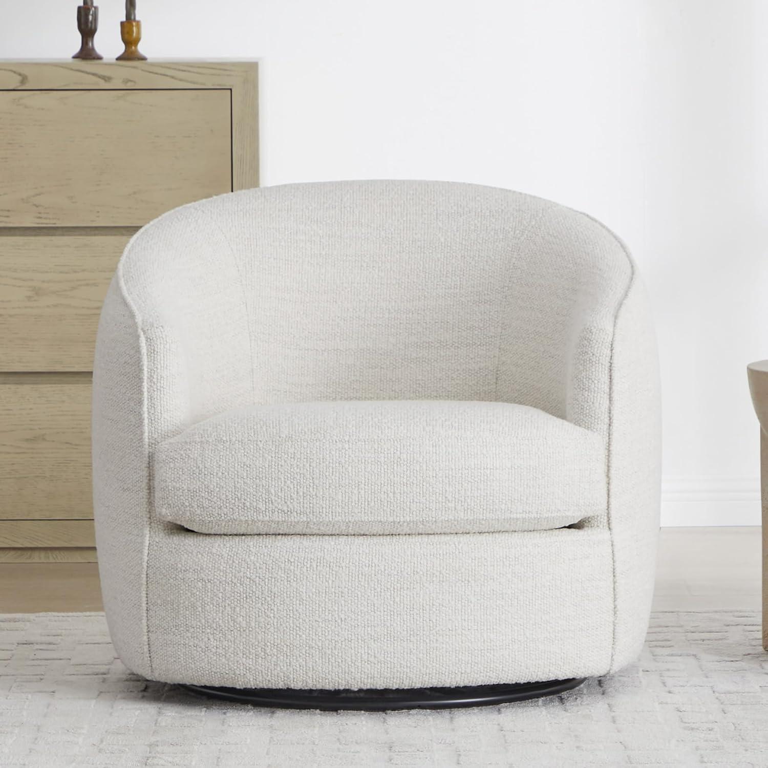 Cream Boucle Swivel Barrel Chair with Wood Frame