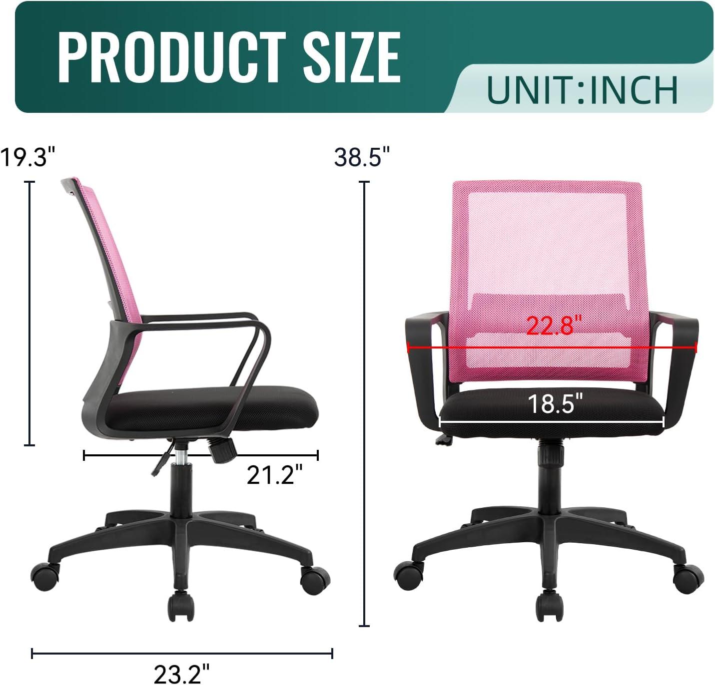 FDW Home Office Chair Mid-Back Mesh Computer Chair Lumbar Support Comfortable Executive Adjustable Chair with Armrests,Pink