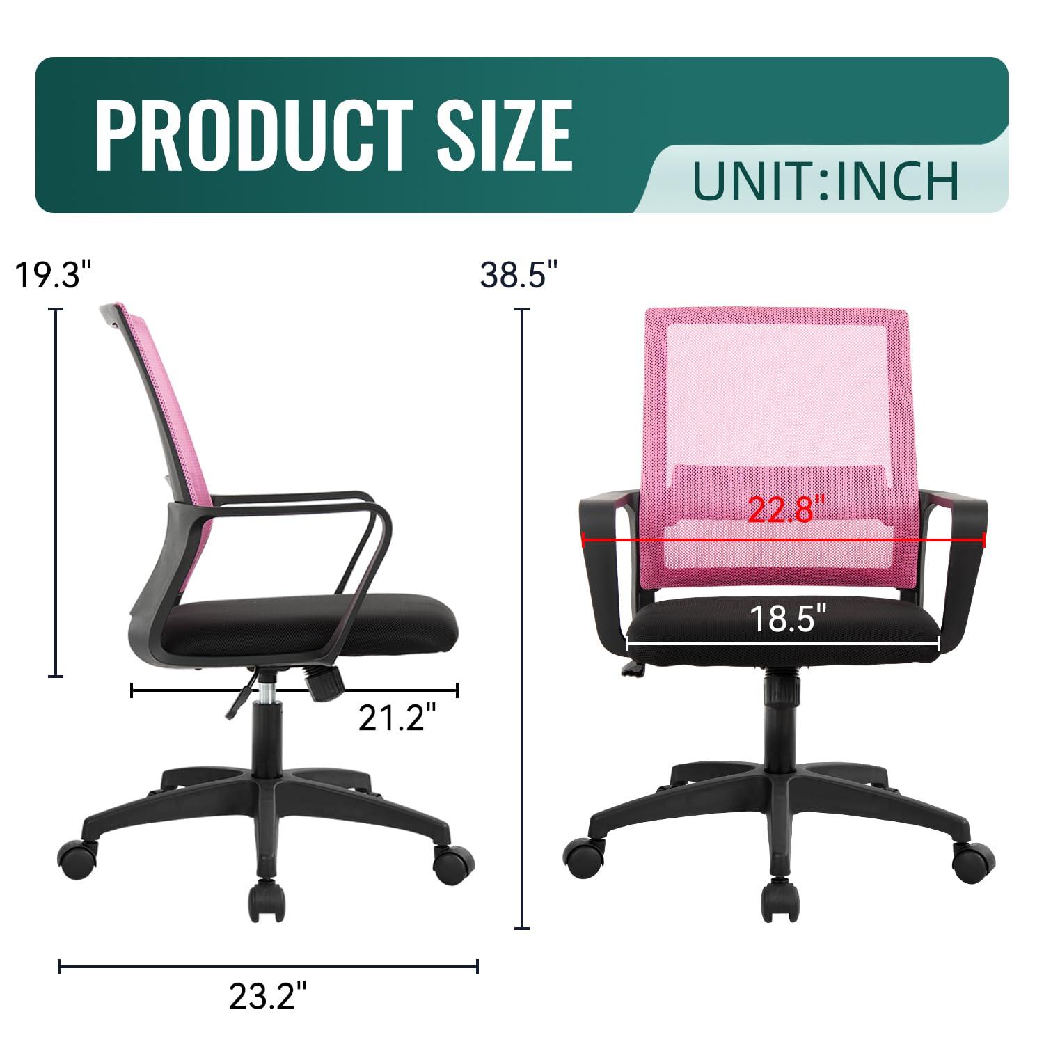 FDW Home Office Chair Mid-Back Mesh Computer Chair Lumbar Support Comfortable Executive Adjustable Chair with Armrests,Pink