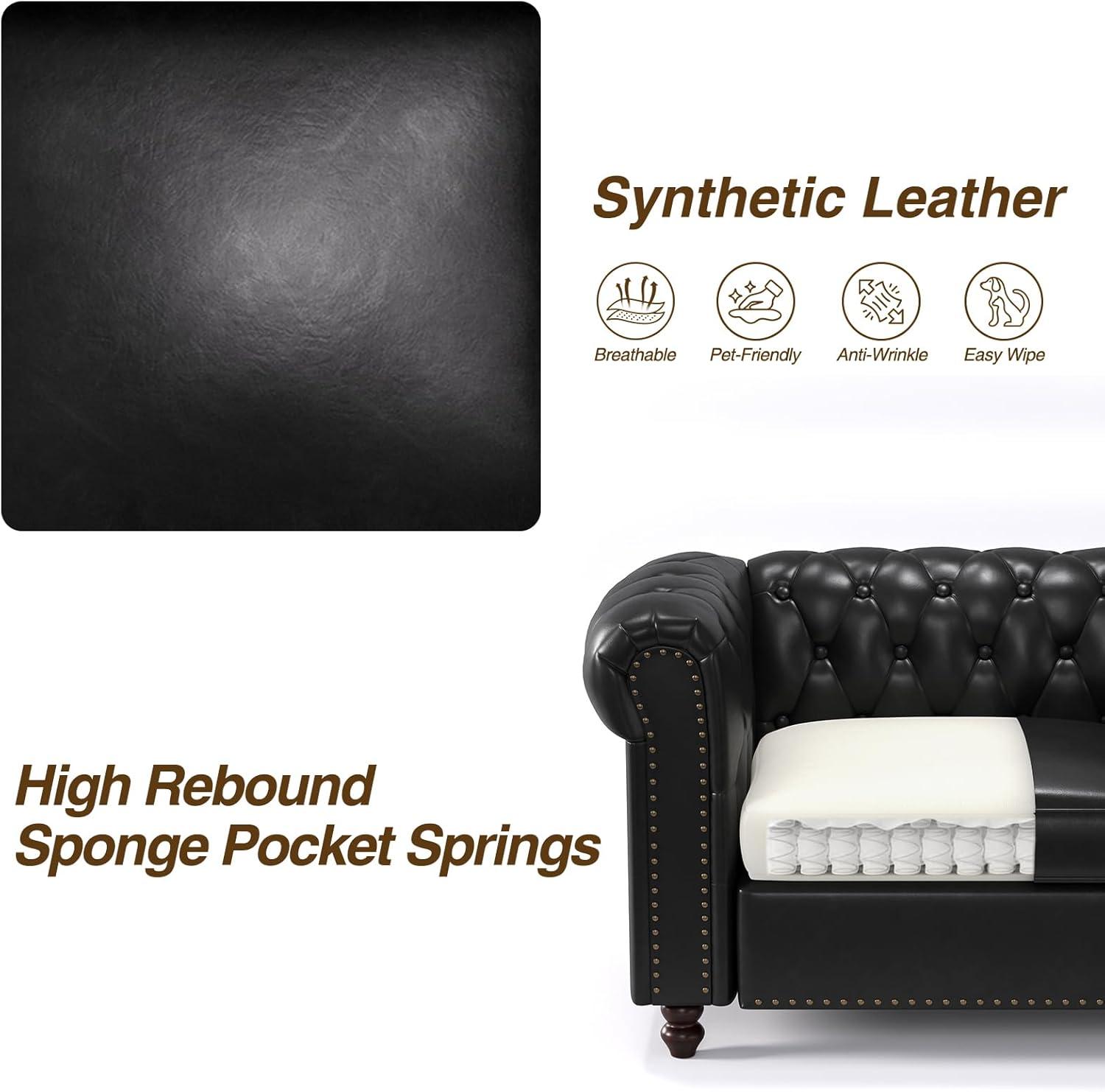 Alcott Hill® 72 Inch Couch Chesterfield Leather Sofa With Wooden Legs