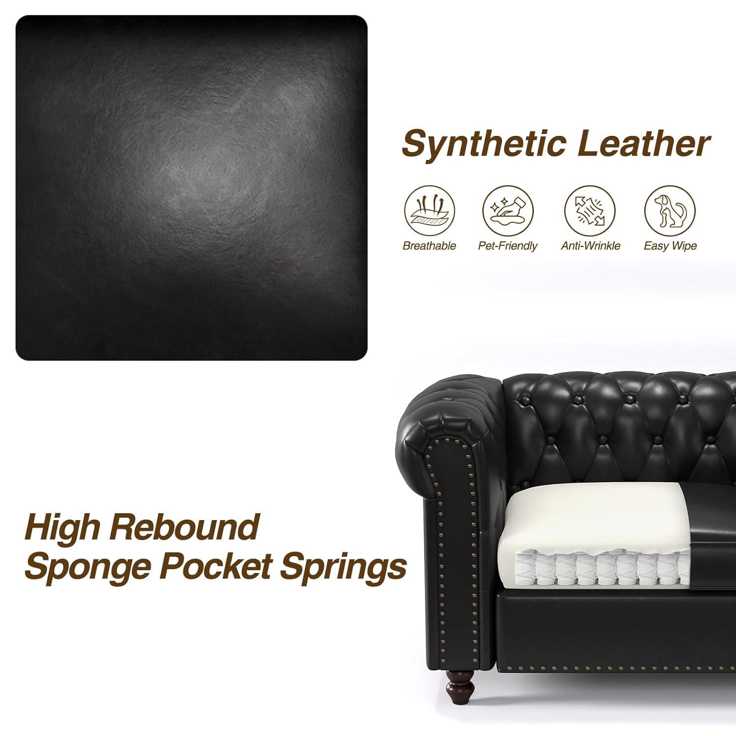 Alcott Hill® 72 Inch Couch Chesterfield Leather Sofa With Wooden Legs