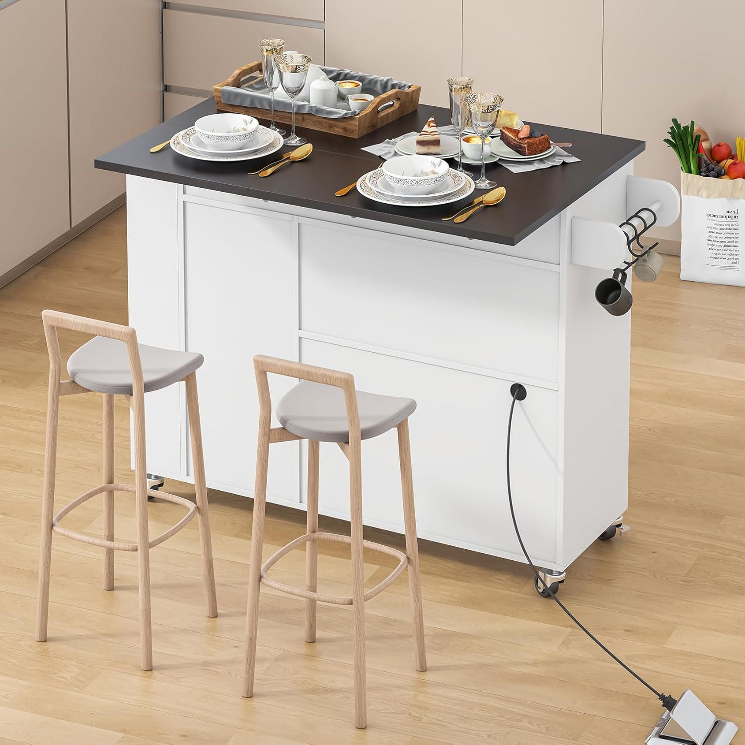 White Rolling Kitchen Island with Drop Leaf and LED Light