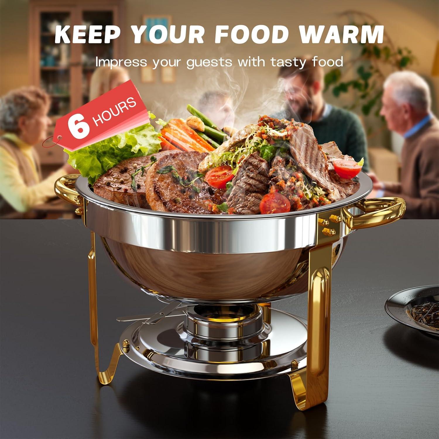 WhizMax Chafing Dish Buffet Set 2 Pack 5QT, Stainless Steel Round Chafing Dishes for Buffet with Lid Holder & Glass Lid, Gold