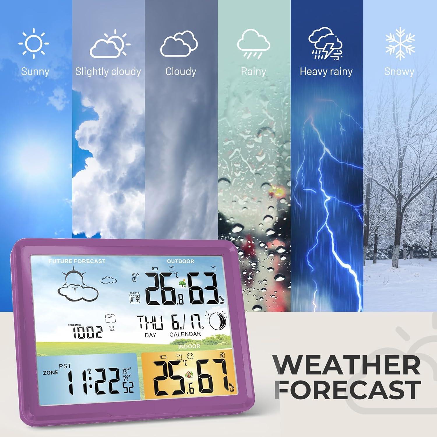Weather Station Wireless Indoor Outdoor Thermometer, Color Display Digital Thermometer Humidity Monitor with Atomic Clock, Forecast Station with Calendar and Adjustable Backlight for Home