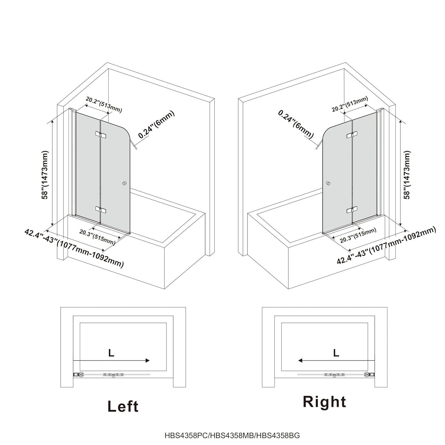 43 In. W * 58 In. H Frameless Folding Shower Doors For Bathtub, 1/4" (6Mm) Thick SGCC Tempered Glass Door, Bathroom Pivot Tub Glass Door