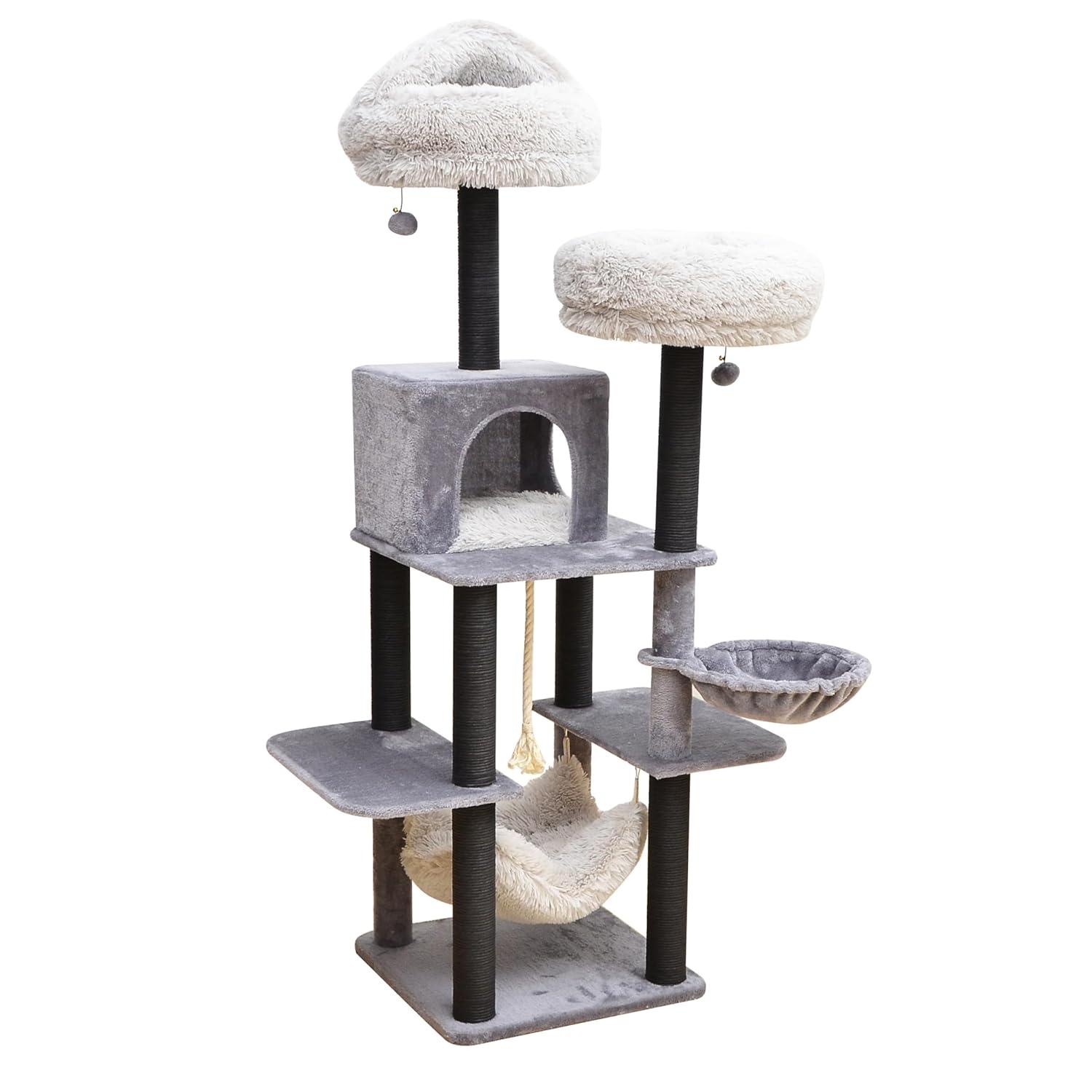 Catry Bradbury 7-Level 62.5” Modern Cat Tree with Replaceable Scratching Posts,Big Condo,Two Washable Beds, Two Hammocks,Quick Assembly, for Multi-Cat Homes(Cloud Gray)