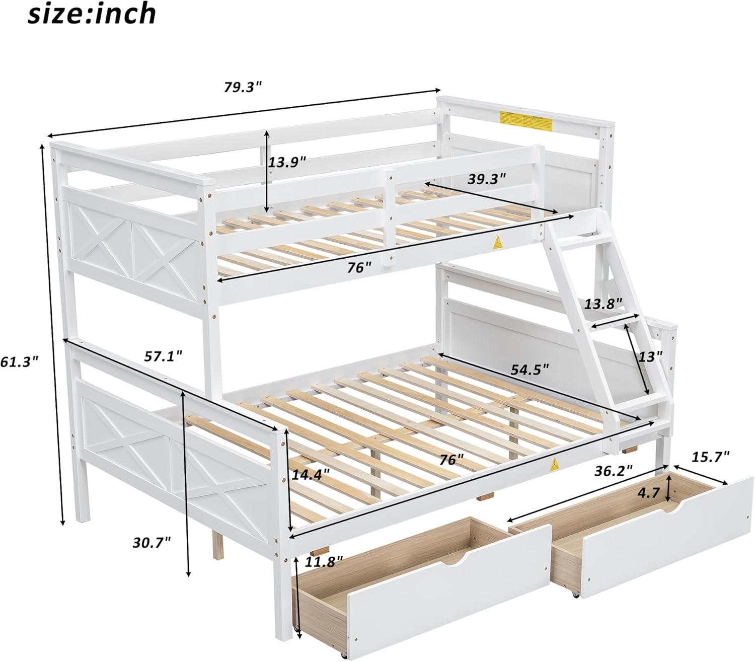 Merax Twin Over Full Bunk Bed with 2 Storage Drawers,Solid Wood Bunk Bed with Ladder and Safety Guardrail for Bedroom Kids Adults, Can be Separated into 2 Beds,White