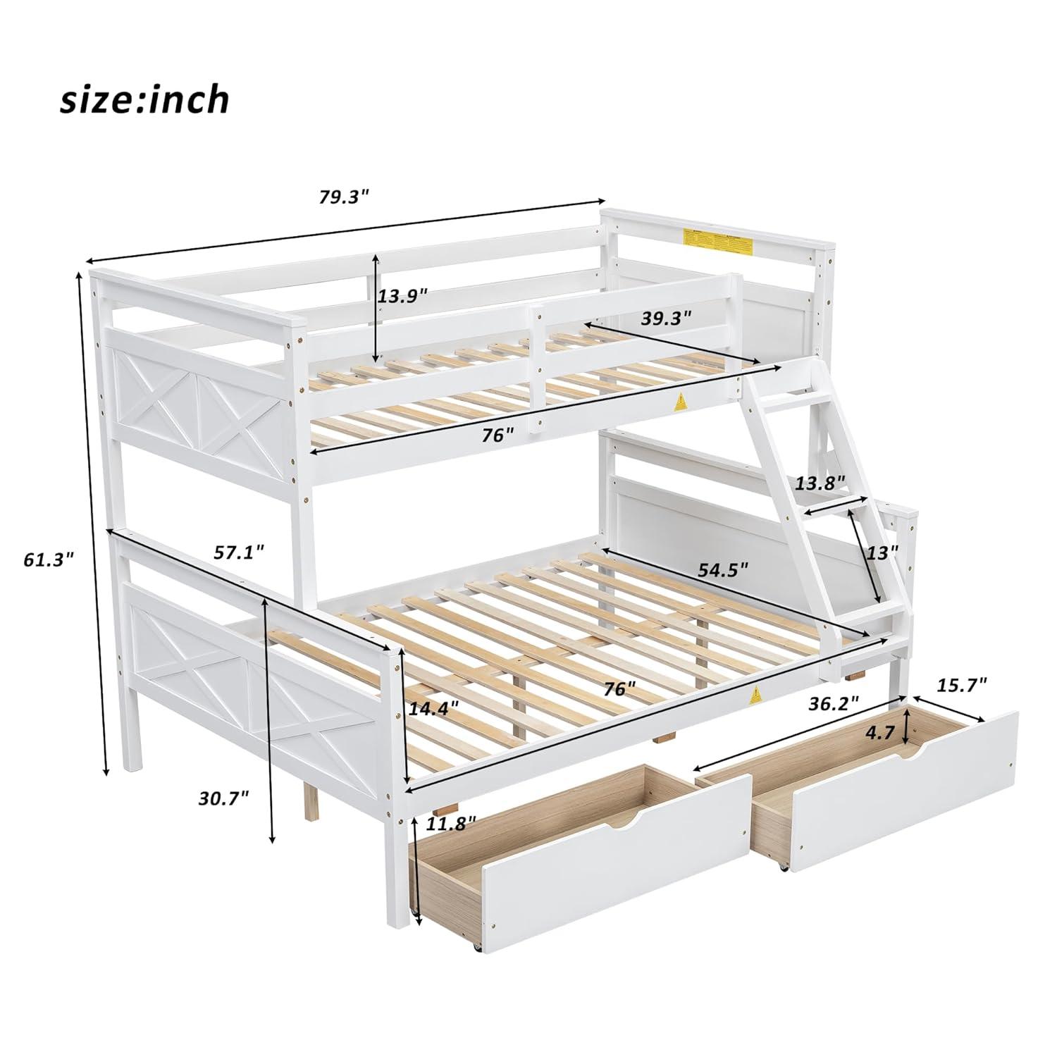 Merax Twin Over Full Bunk Bed with 2 Storage Drawers,Solid Wood Bunk Bed with Ladder and Safety Guardrail for Bedroom Kids Adults, Can be Separated into 2 Beds,White