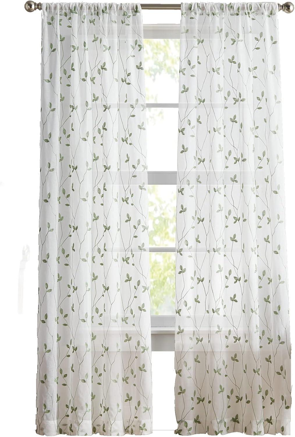 Sage Green Sheer Botanical Embroidery Rod Pocket Curtains, 84" Panel Pair