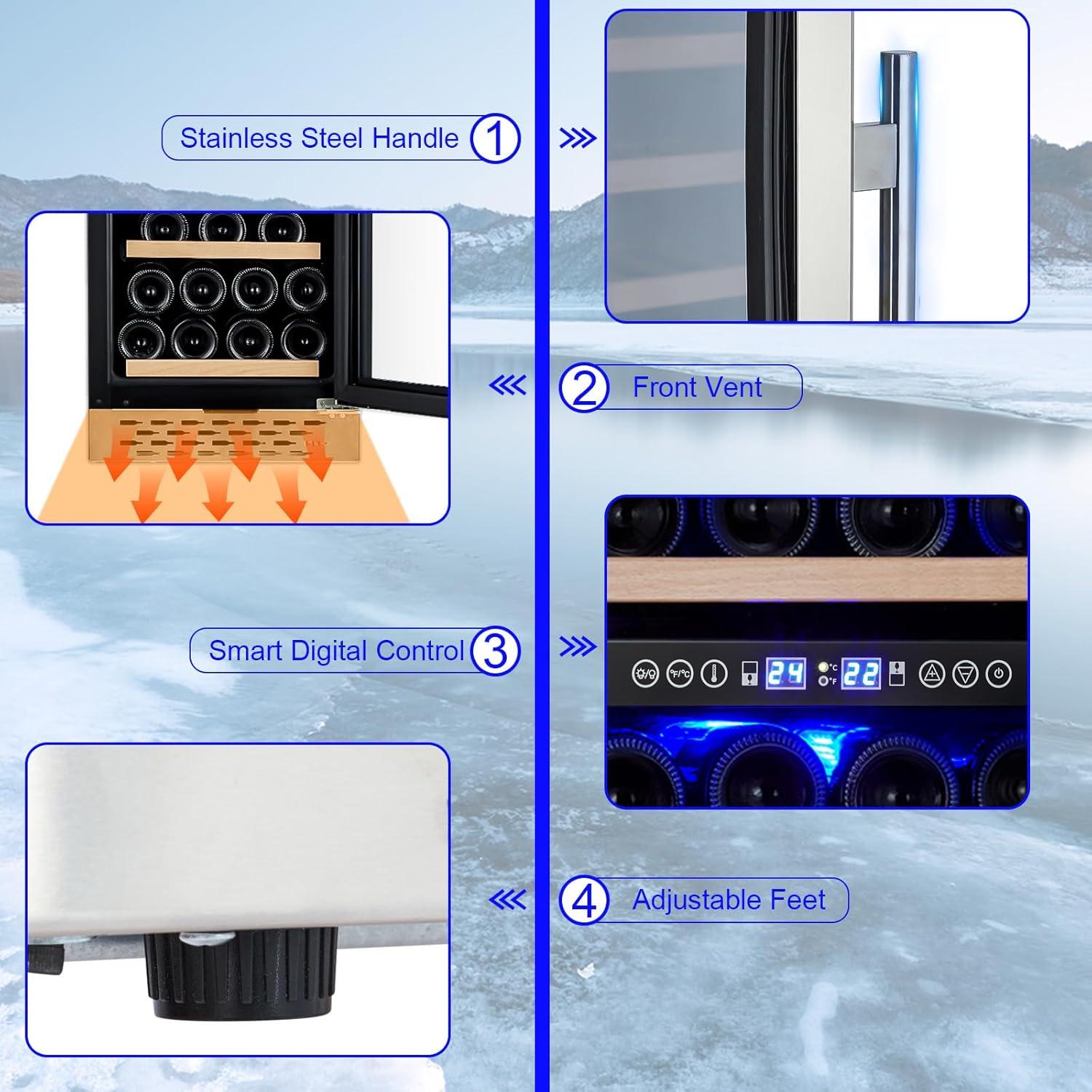 28 Bottle Wine Cooler Refrigerator - Double-Layer Glass Door, Temperature Stable, Digital Touch Control, Single Area Dual Temperature, with Safety Lock, Built-in or Freestanding