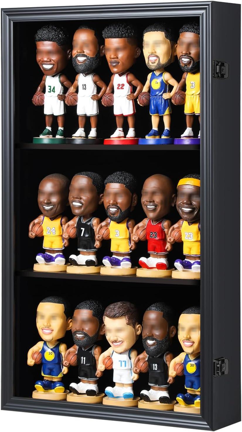 Bobblehead Display Case Action Figure Display Case Bobble Head Shadow Box Wall Cabinet for 15 Figurines Display with Lockable Anti Fade Uv Protection for Bobble Heads, Action Toy Figures, Black