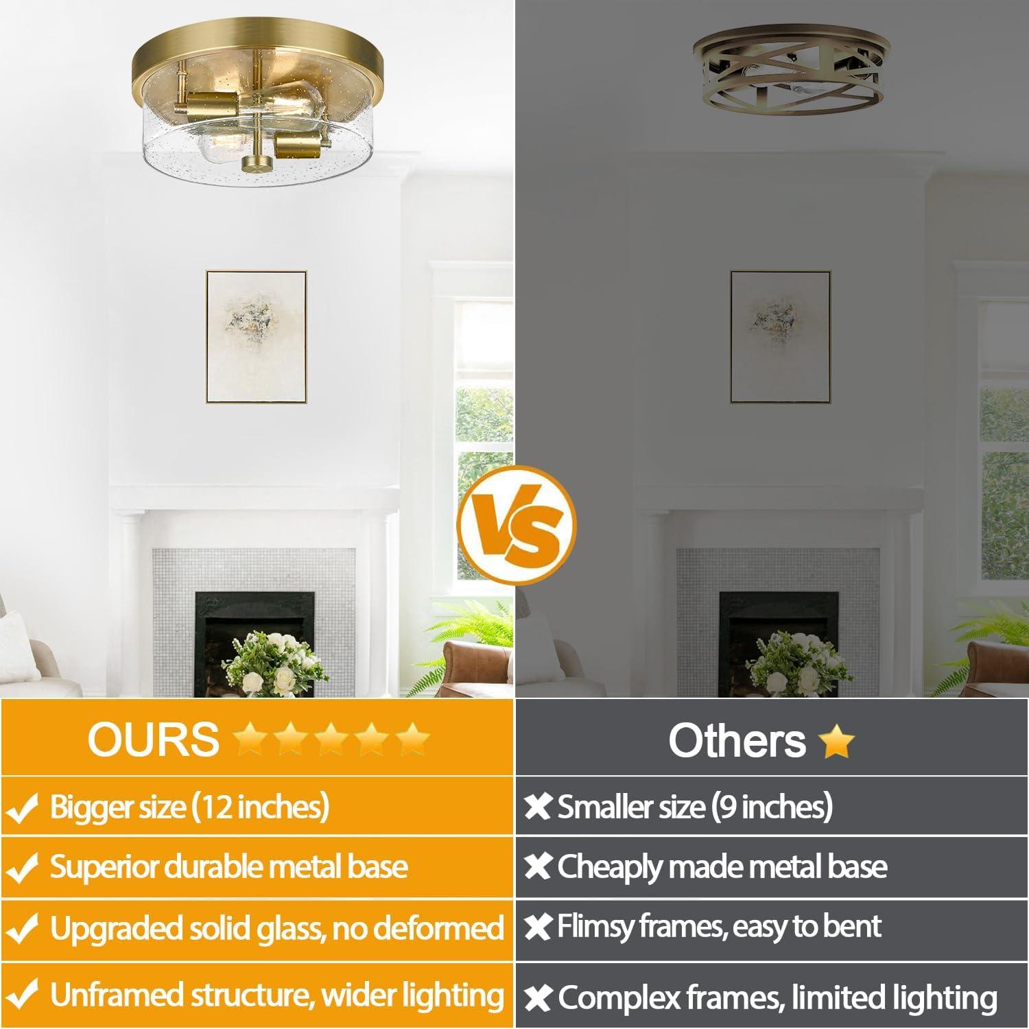 Flush Mount Ceiling Light Fixtures, 2-Light Brass Ceiling Mount for Farmhouse with Seeded Glass Lampshade, Industrial Hall Flush Mount Light Fixture for Hallway, Kitchen, Entryway, Bedroom and Foyer