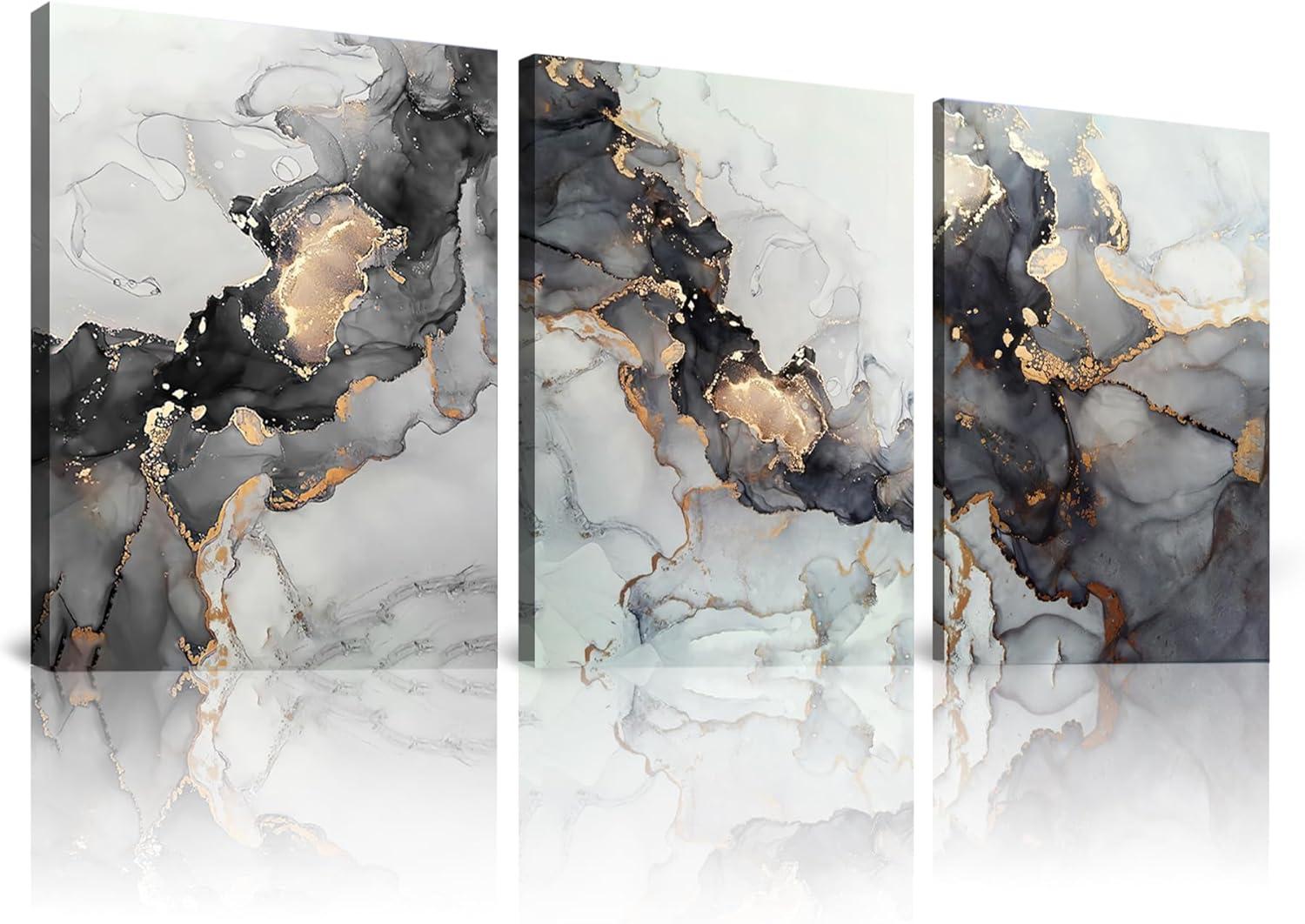 3Pcs Abstract Marble Wall Art Black and Gold Bathroom Decor Nordic Watercolor Gray White Fluid Ink Lines Canvas Picture Contemporary Painting Artwork for Living Room Bedroom Office Home Decor