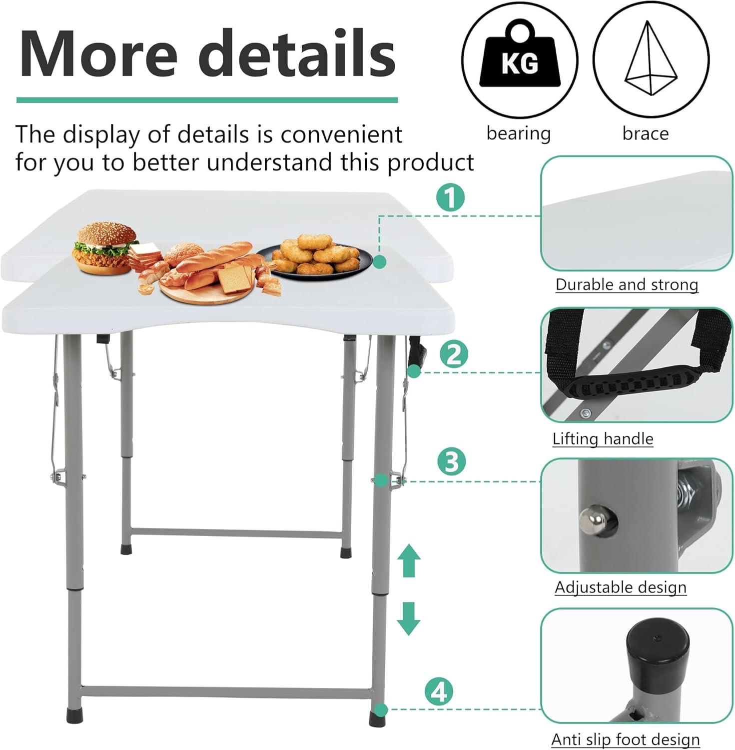 CL.HPAHKL 4 ft Folding Table with 3 Adjustable Height, Small Plastic Foldable Table with Carrying Handle, Portable Camping Table Fold in Half for Indoor Outdoor Camping, Picnic and Party, White