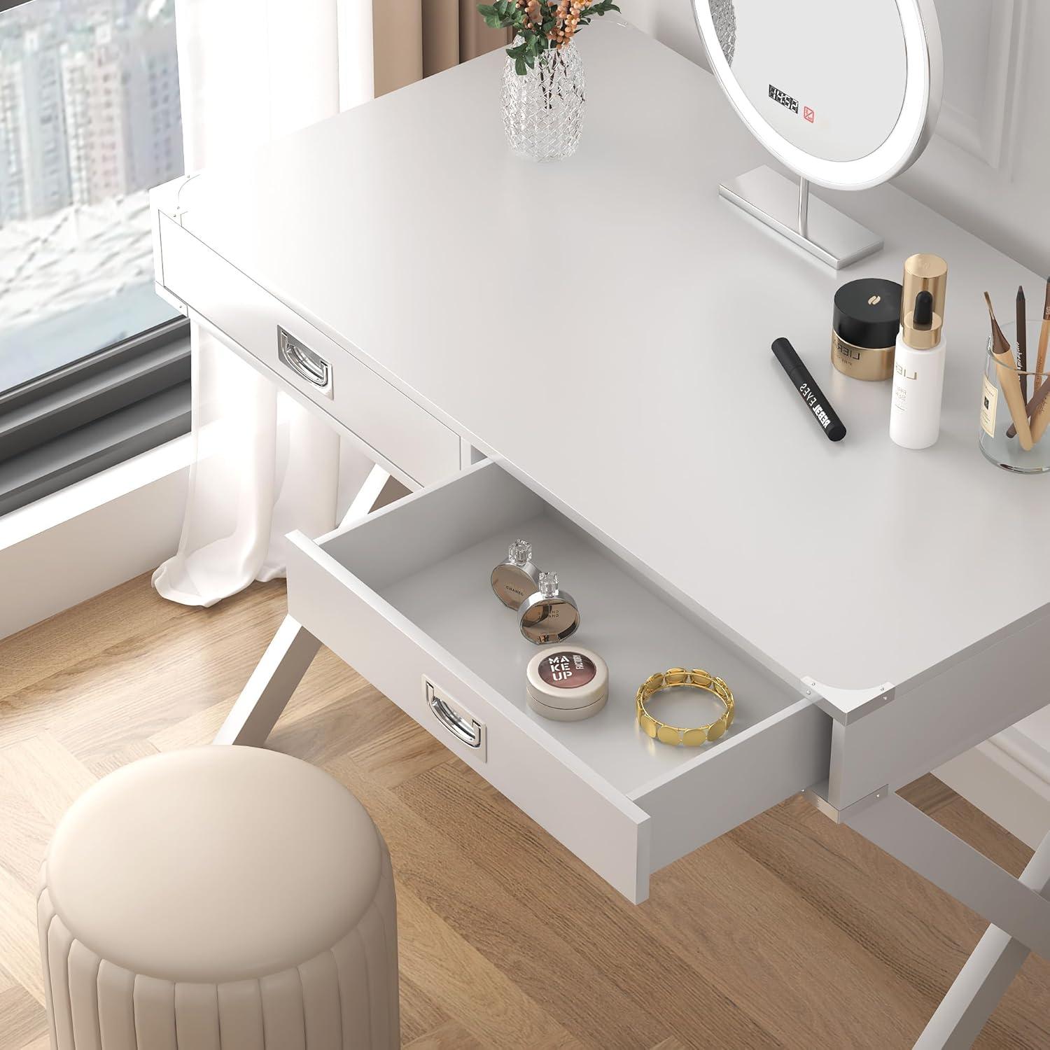 White Solid Wood and MDF Desk with Drawers