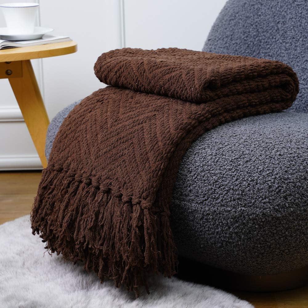 Dark Brown Knitted Herringbone Throw Blanket with Tassels, 50'' x 60''