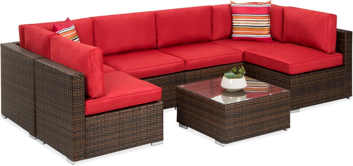 Best Choice Products 7-Piece Outdoor Modular Patio Conversation Furniture, Wicker Sectional Set - Brown/Red