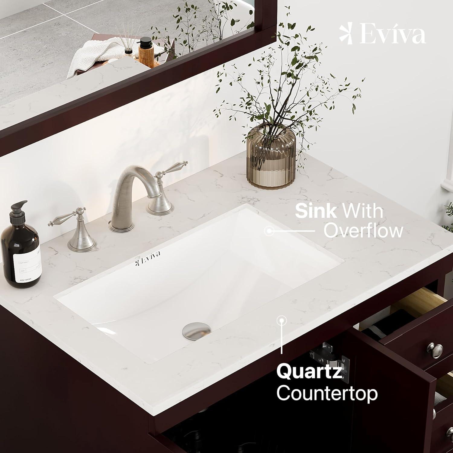 Eviva Acclaim 30"W x 22"D Teak Bathroom Vanity with White Carrara Quartz Vanity Top and Rectangular Undermount Sink