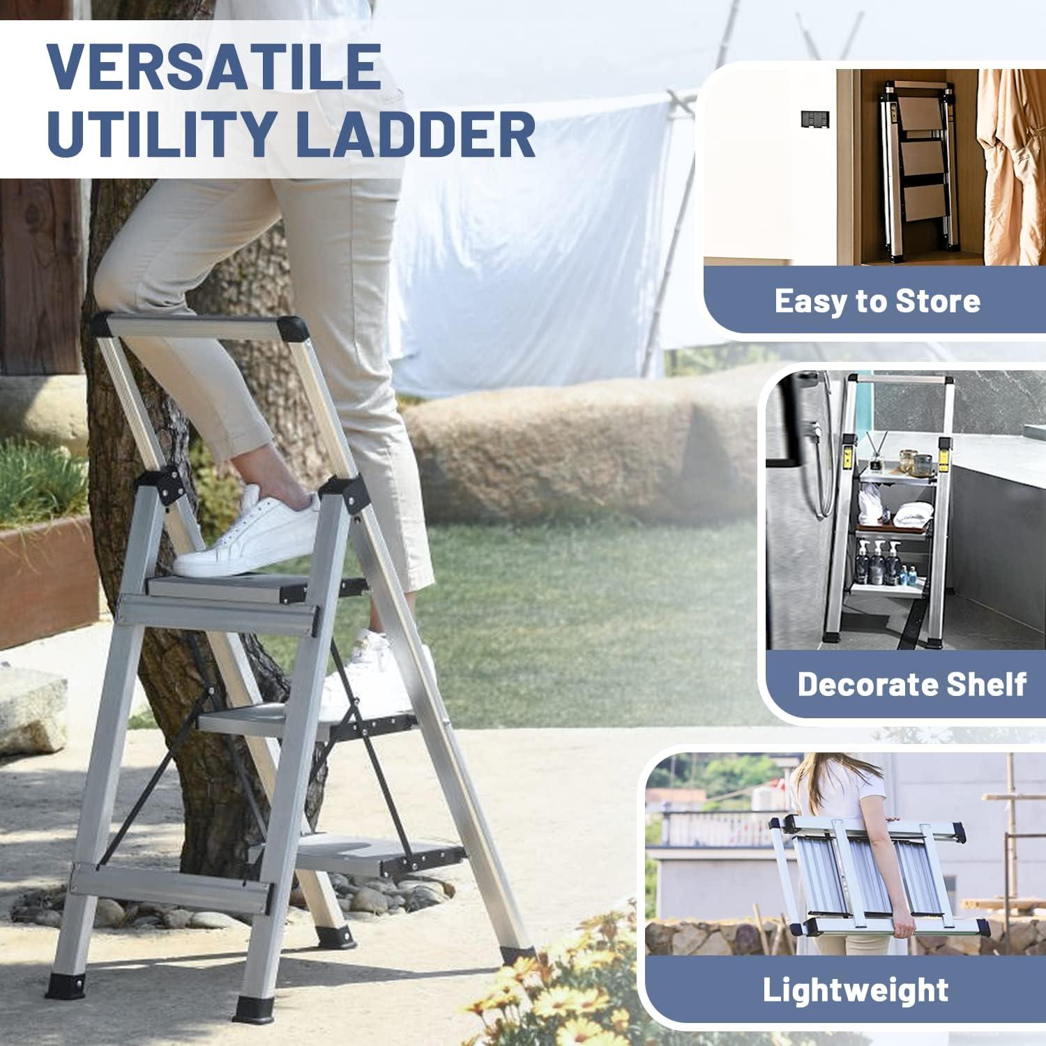 XinSunho 3 Step Ladder, Retractable Handgrip Folding Step Stool Ladders with Anti-Slip Wide Pedal, Aluminum 3 Steps, 330lbs Safety Household Ladder