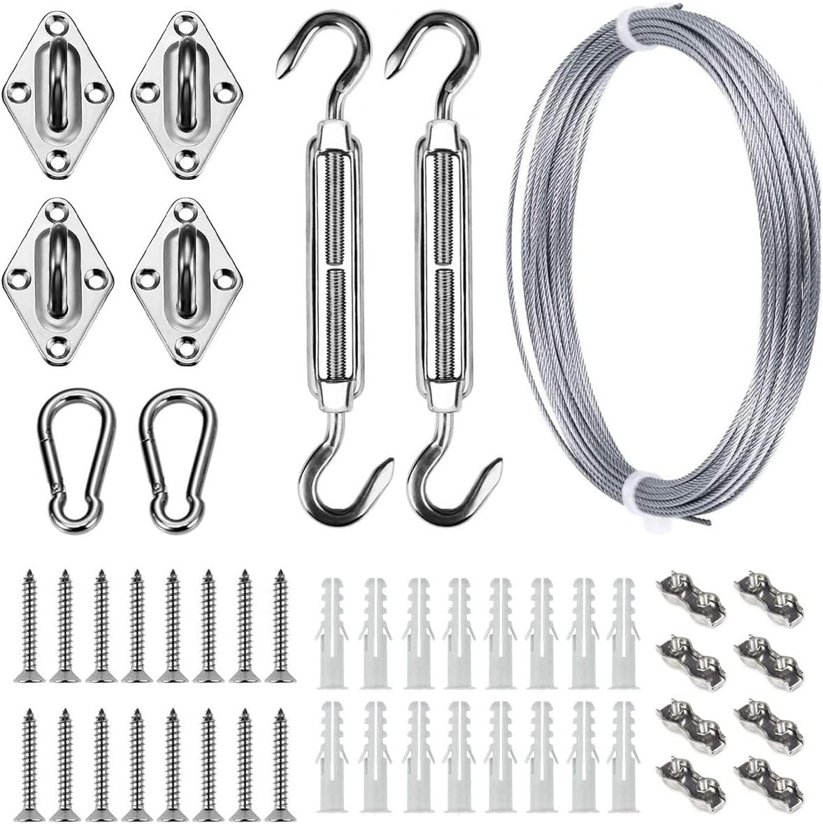 Sun Shade Hardware Kit for Rectangle and Square Sun Shade Sails Installation,5 inch Heavy Duty Anti-Rust Sail Shade Hardware Kit with 50 ft Cable Wire Ropes