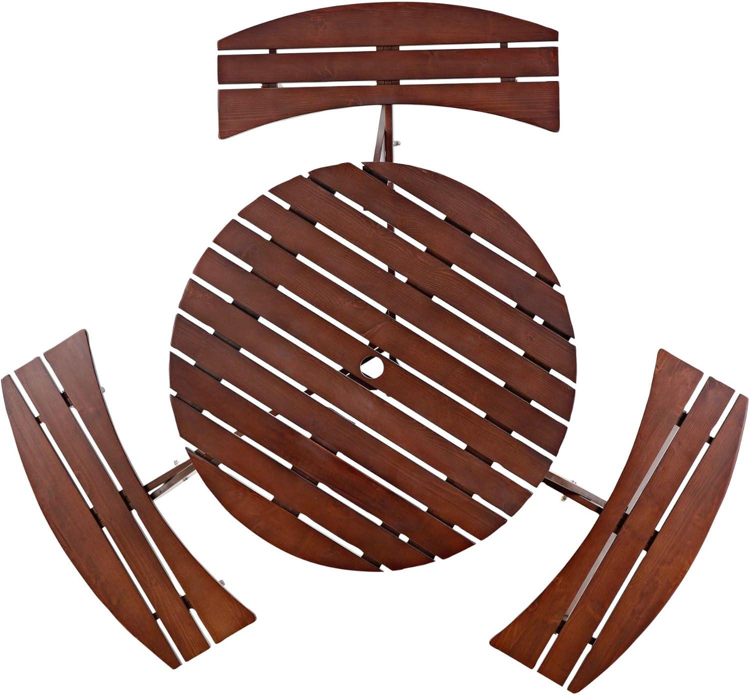 6 Person Wood Picnic Table, Outdoor Round Picnic Table with 3 Built-in Benches, Umbrella Hole, Outside Table and Bench Set for Patio, Backyard, 500lbs Capacity Per Bench (Brown)