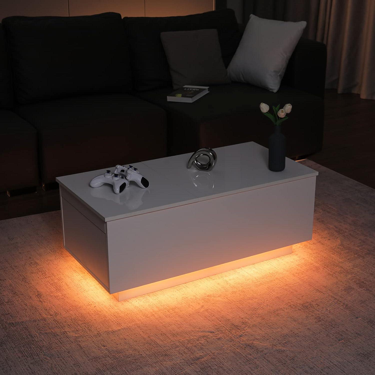 Hommpa LED Coffee Table with USB Ports and Outlets Lift Top Coffee Tables with Storage High Gloss White Rectangular Modern Center Table for Living Dining Room