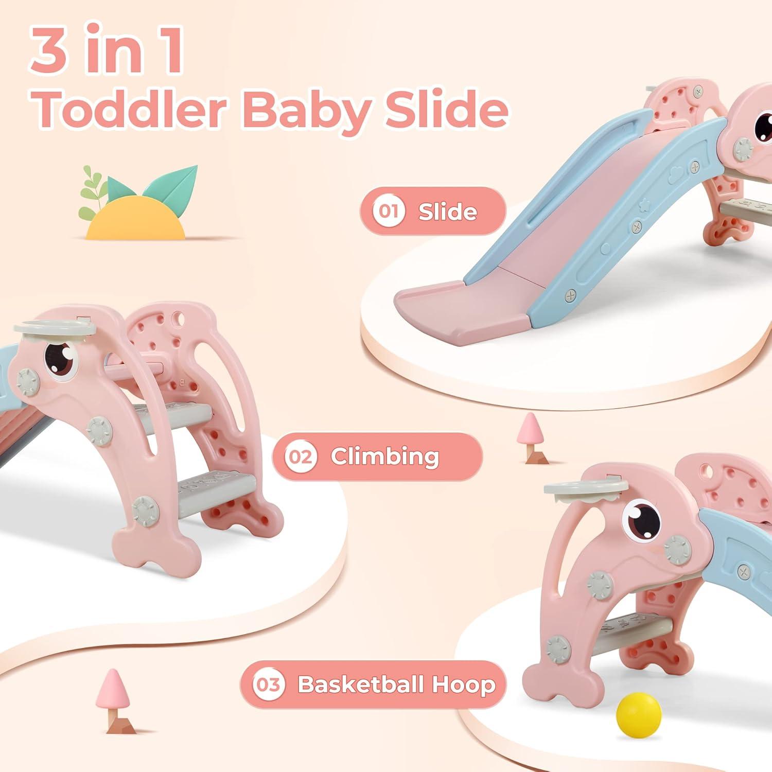 Nyeekoy 3 in 1 Foldable Toddler Large Slide w/ Climbing Ladder, Basketball Hoop, Indoor Outdoor Freestanding Playground for Kids