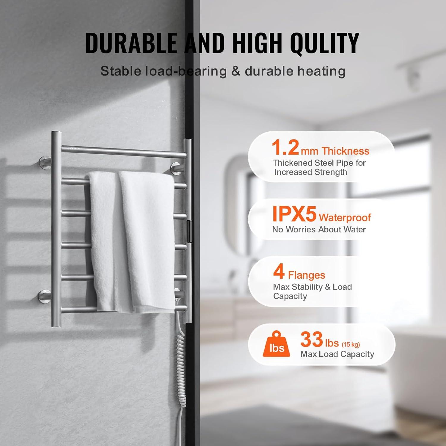 VEVOR 6 Bars Towel Warmer Rack, Wall Mounted Heated Towel Rack for Bathroom, IPX5 Waterpoof Towel Heater Rack with Timer & Display Screen, Silver