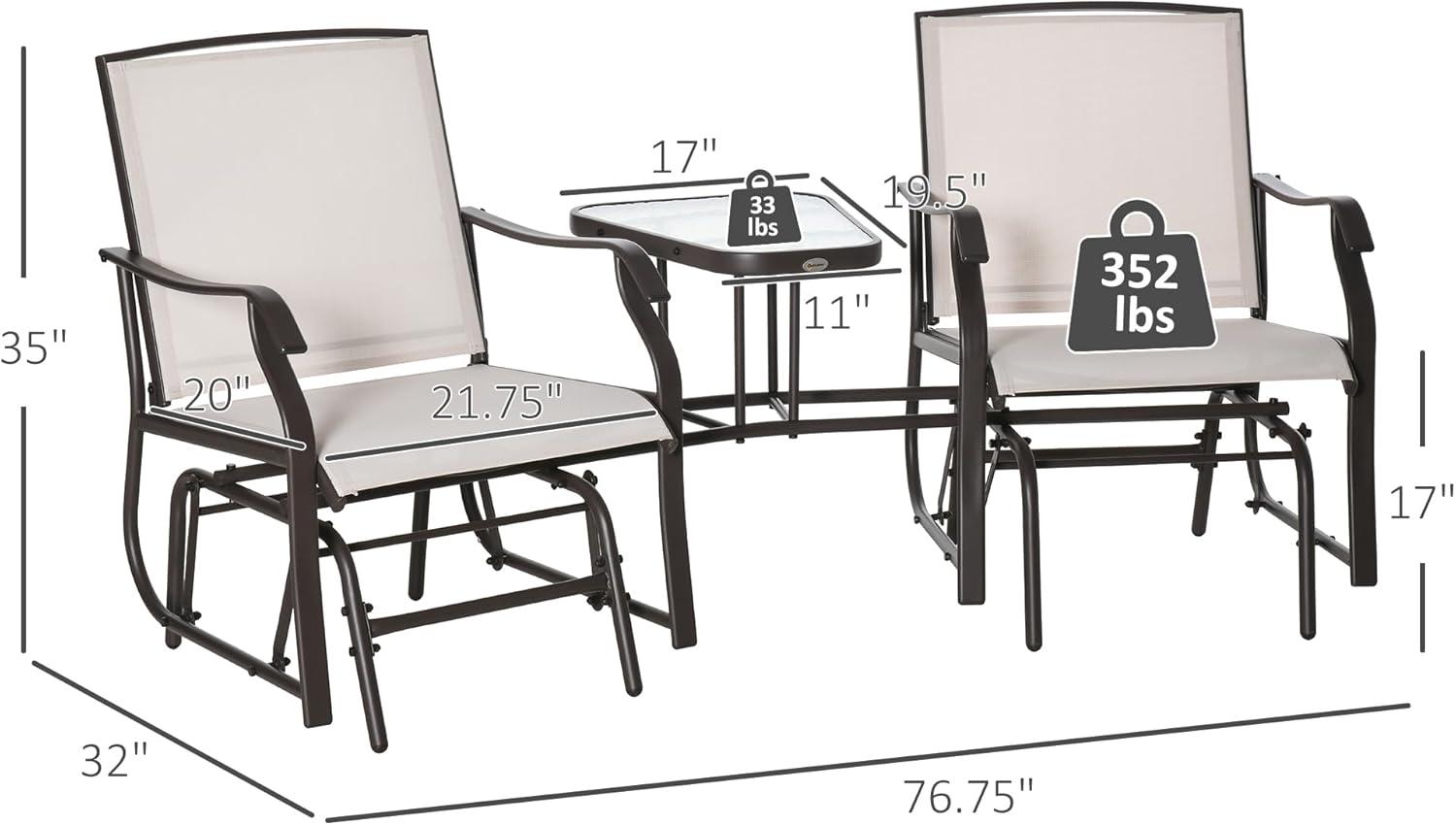 Outsunny Outdoor Glider Chairs with Coffee Table, Patio 2-Seat Rocking Chair Swing Loveseat with Breathable Sling, Coffee Brown