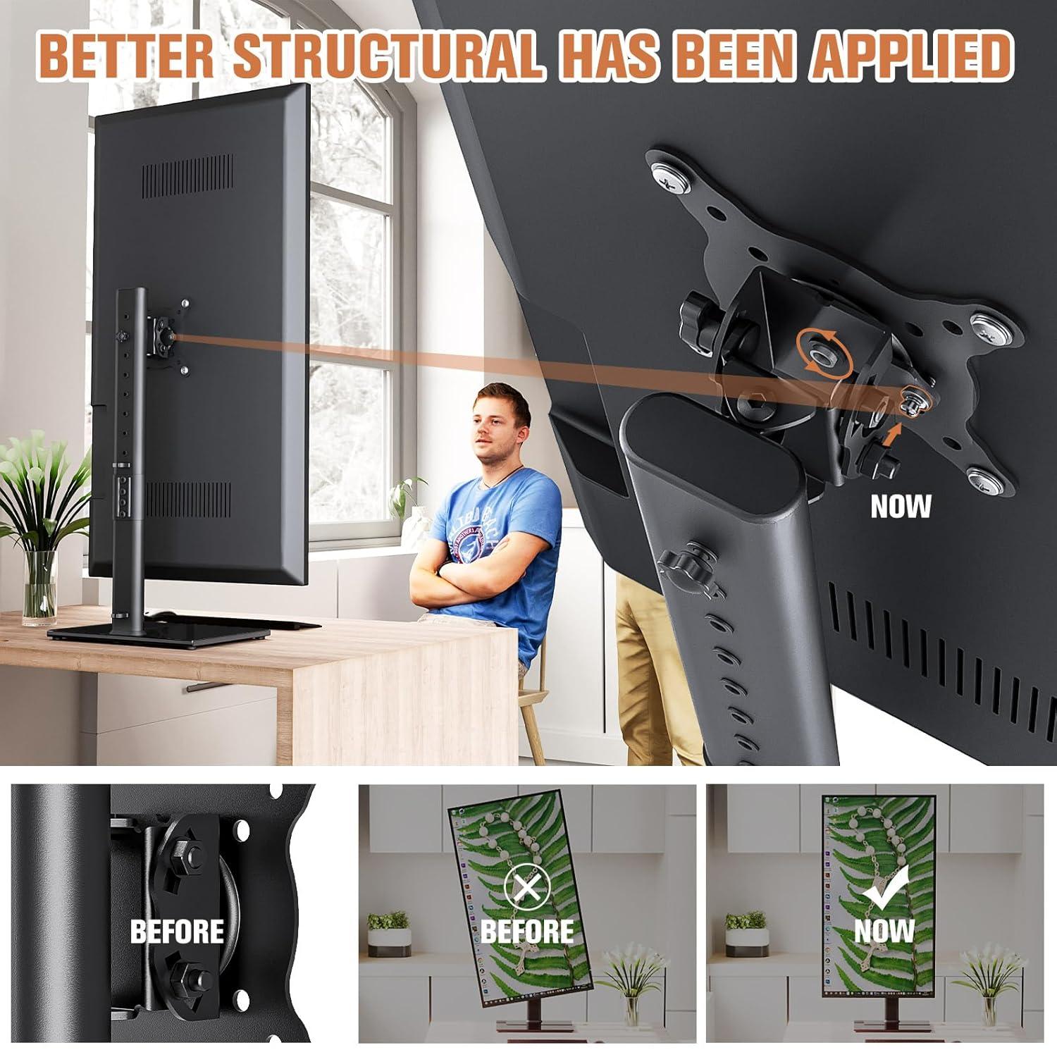 Single Monitor Stand Freestanding 27-43 Inch Monitor Arm Curved Screen Monitor Mount Tempered Glass Base Adjustable Motion Tilt -15° to 10° Swivel ±45° Rotation 360° Weight Capacity 77lbs HT05B-003