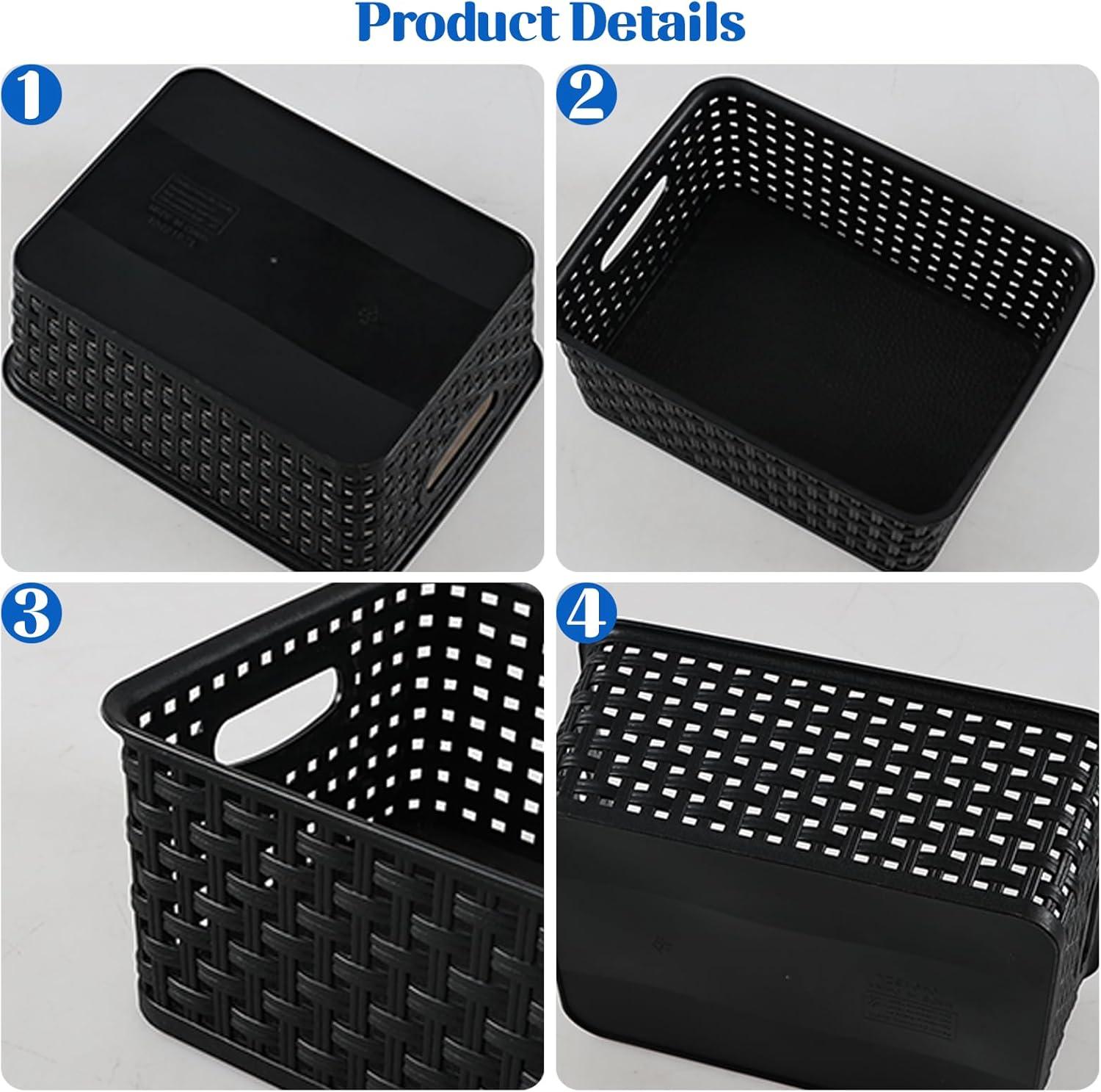 Black Rectangular Plastic Woven Storage Baskets, Set of 6