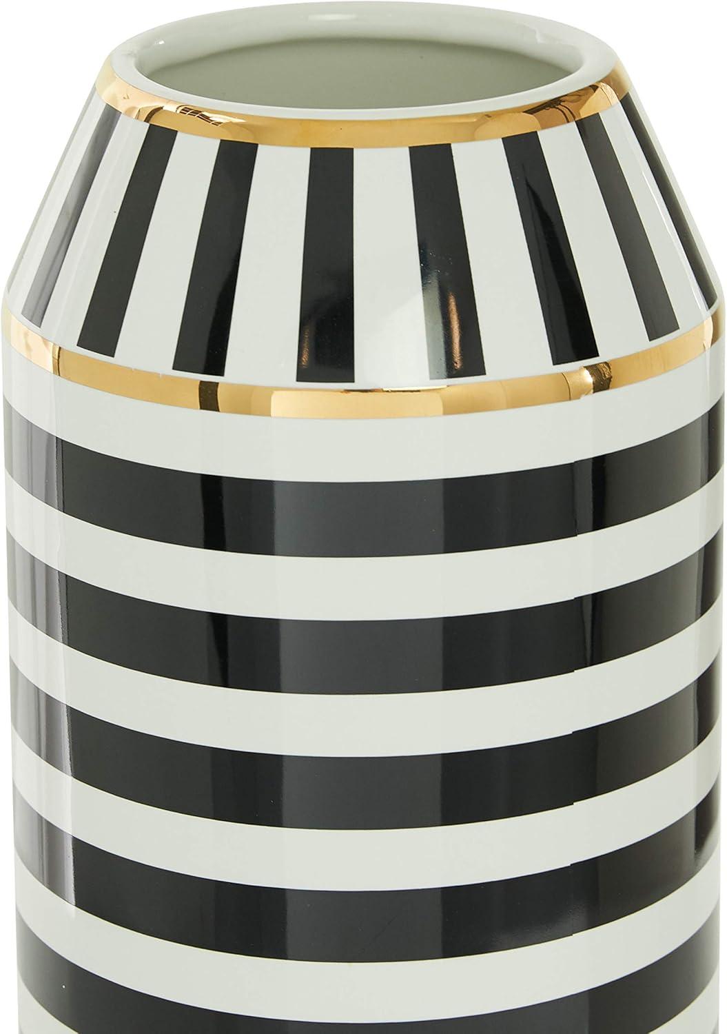 DecMode 16" Striped Black Ceramic Vase with Gold Accents