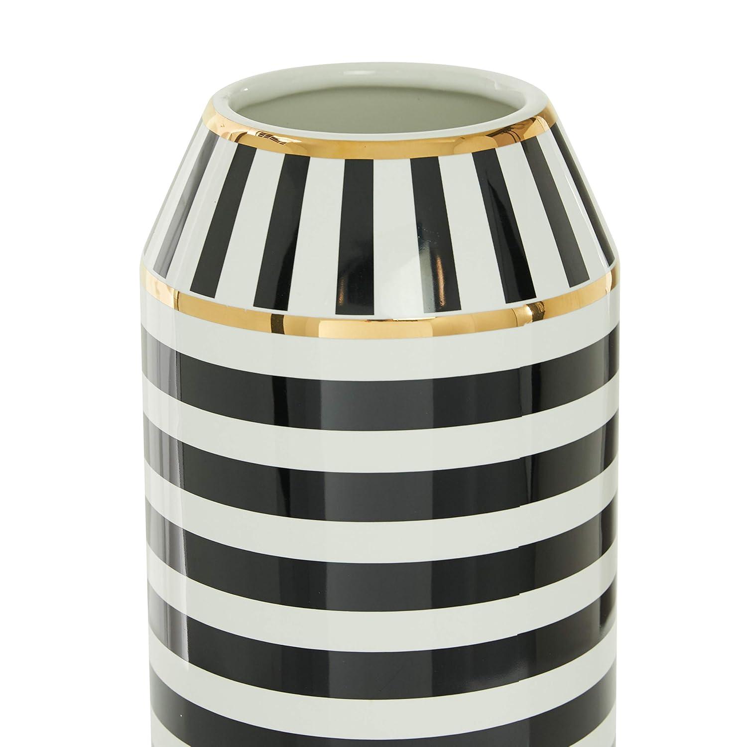 DecMode 16" Striped Black Ceramic Vase with Gold Accents