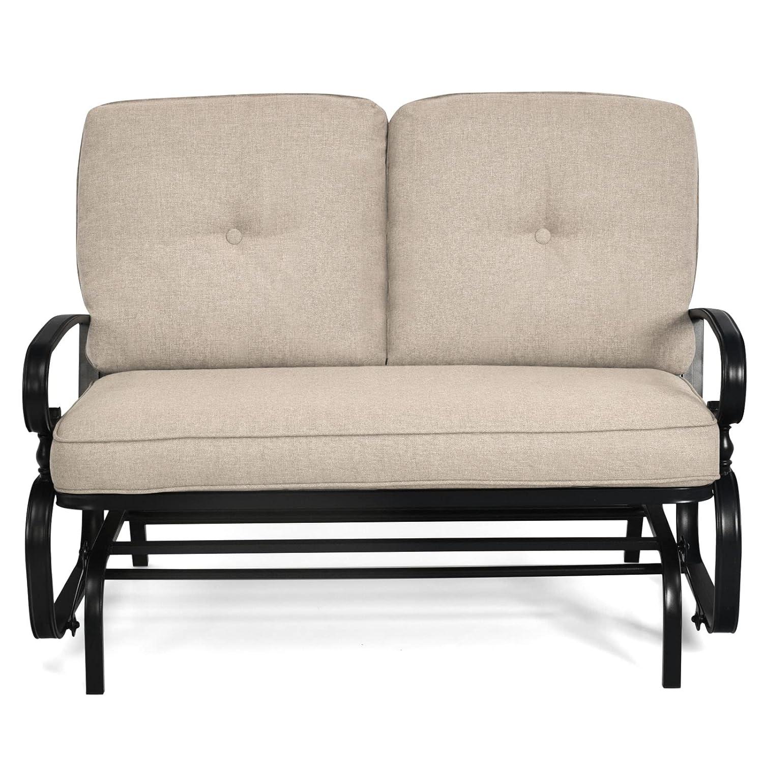 Costway 2-Person Outdoor Swing Glider Chair Bench Loveseat Cushioned Sofa Beige