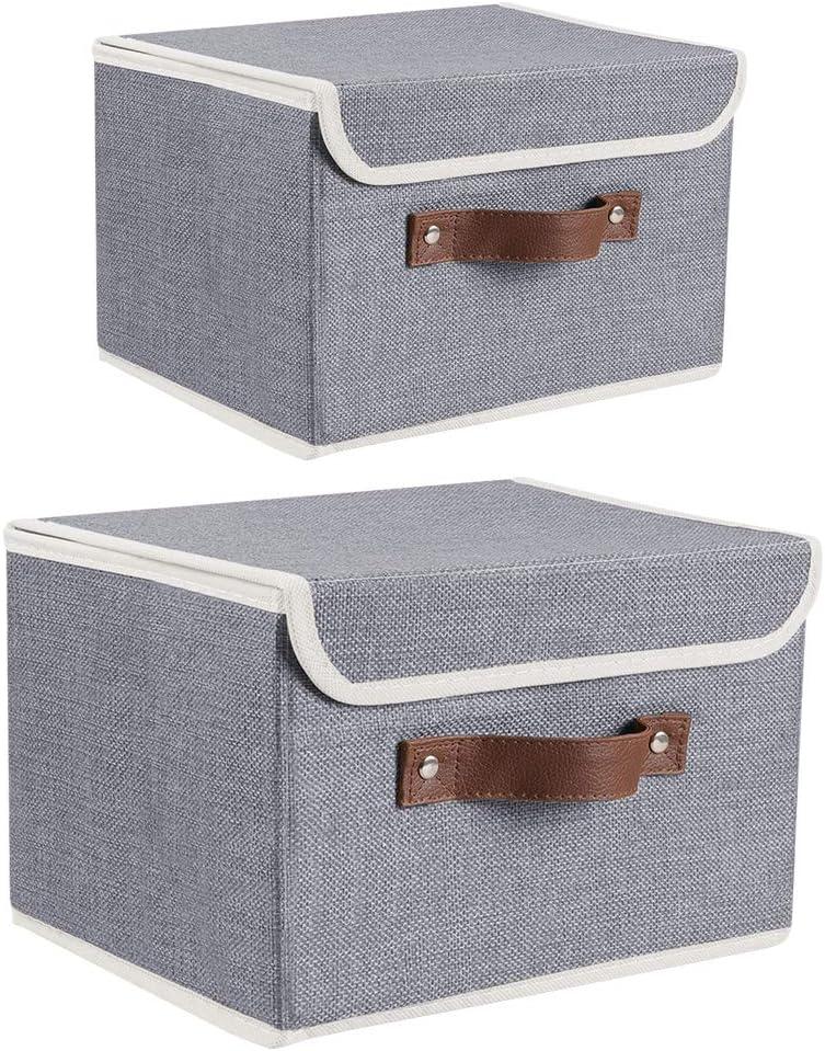 Gray Collapsible Fabric Storage Cubes with Lids and Faux Leather Handles