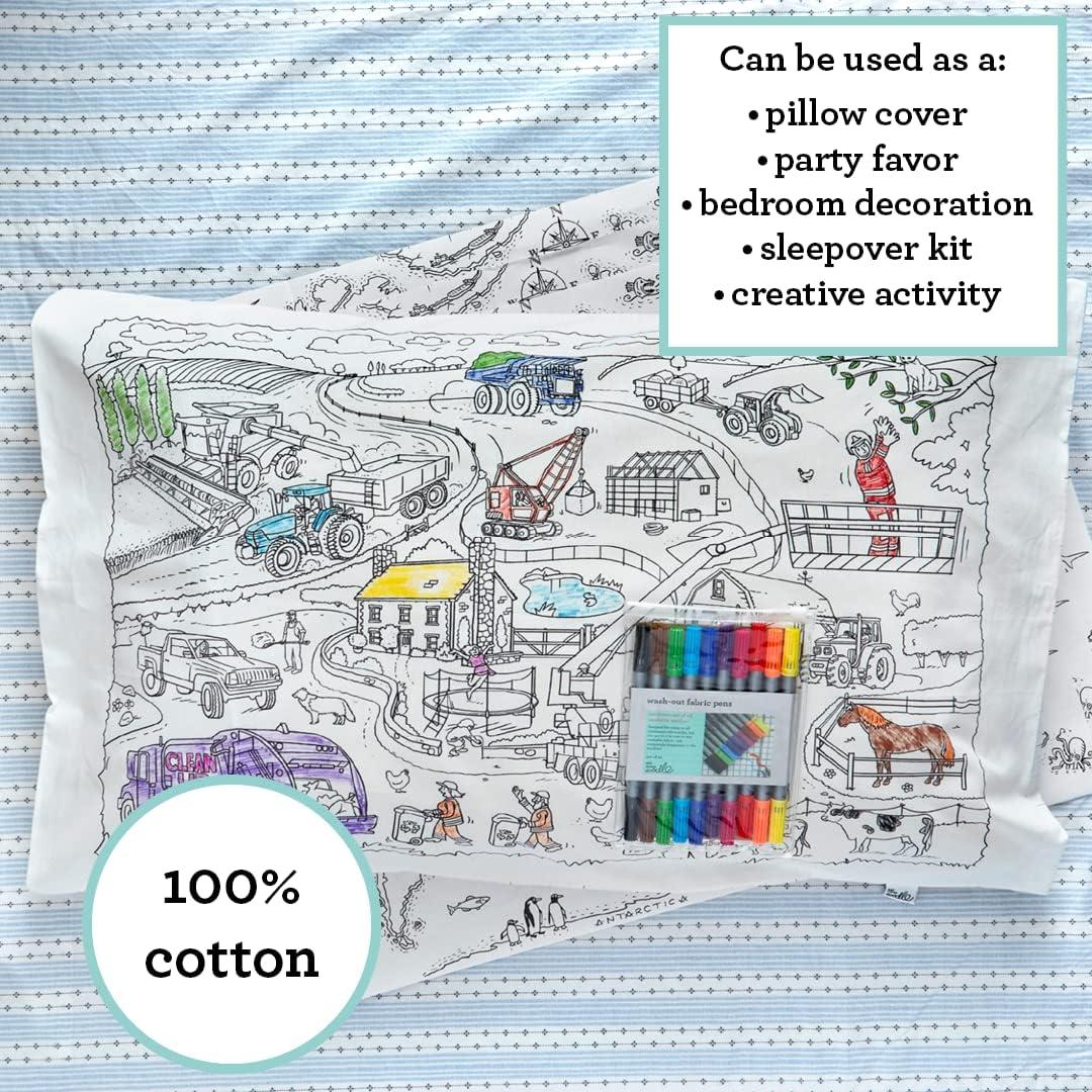 eatsleepdoodle Coloring Cotton Pillowcase with Washable Markers - Cars and Trucks Color in Activity Craft Kit for Boys and Girls Age 3+