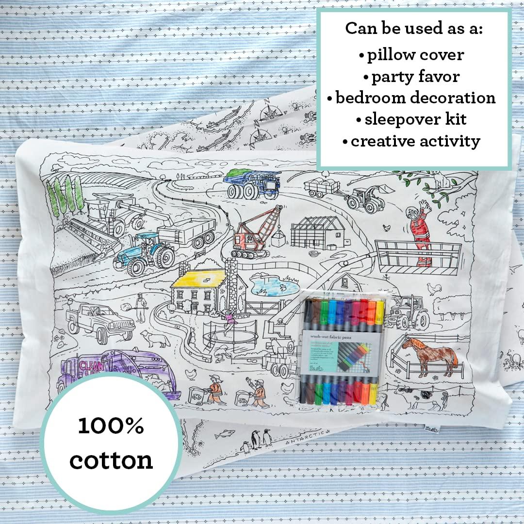 eatsleepdoodle Coloring Cotton Pillowcase with Washable Markers - Cars and Trucks Color in Activity Craft Kit for Boys and Girls Age 3+