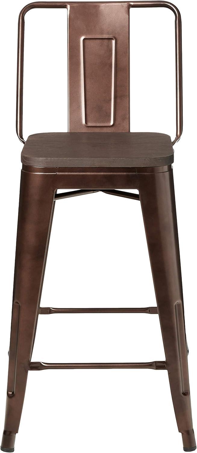 Leejay Coffee 24 inch High Back Counter Height Metal Barstool with Dark Wood Seat, Set of 2