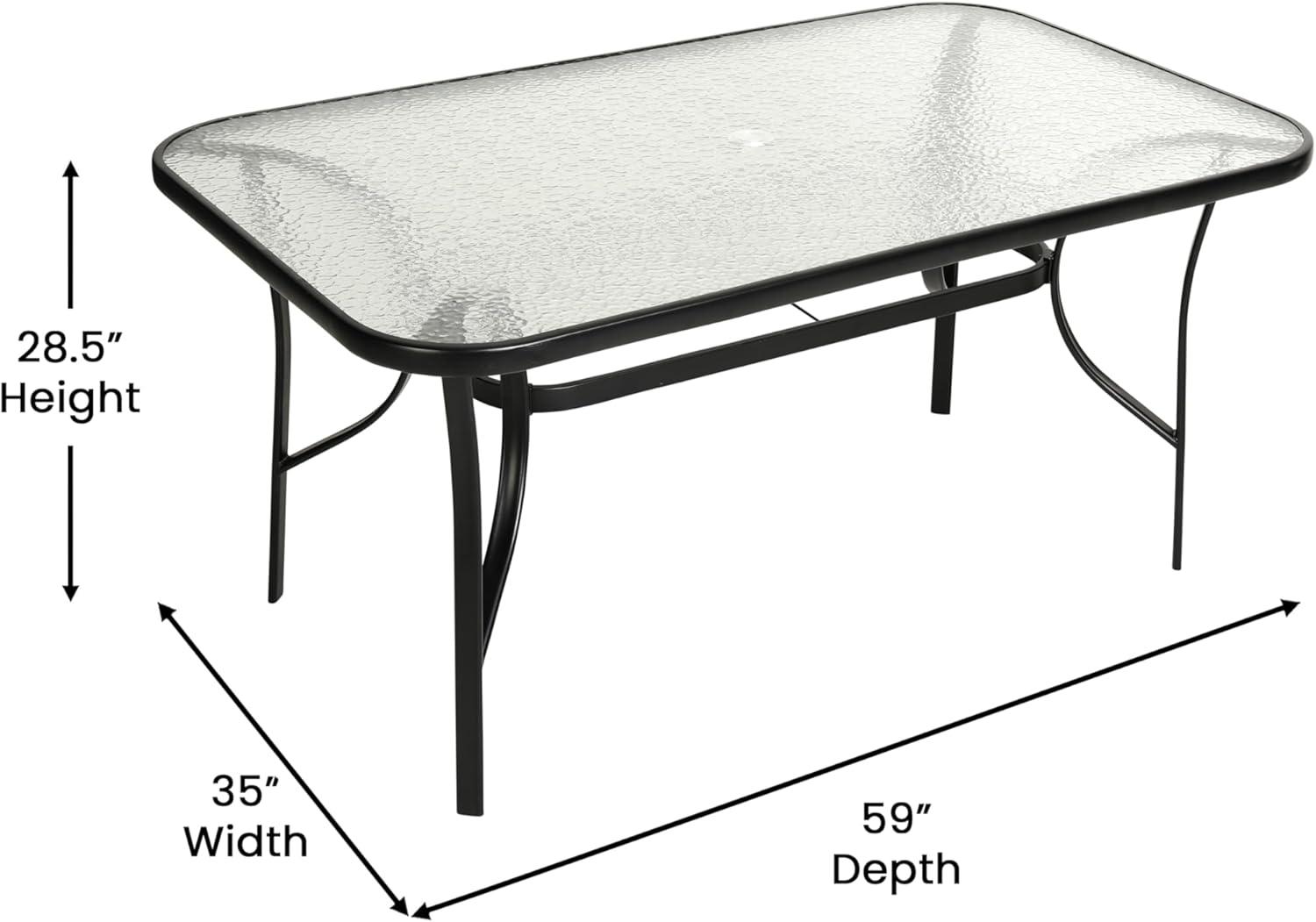 Flash Furniture Tory Commercial Grade 35" x 59" Rectangular Patio Table with Tempered Glass Top with Umbrella Hole and Steel Tube Frame in Black