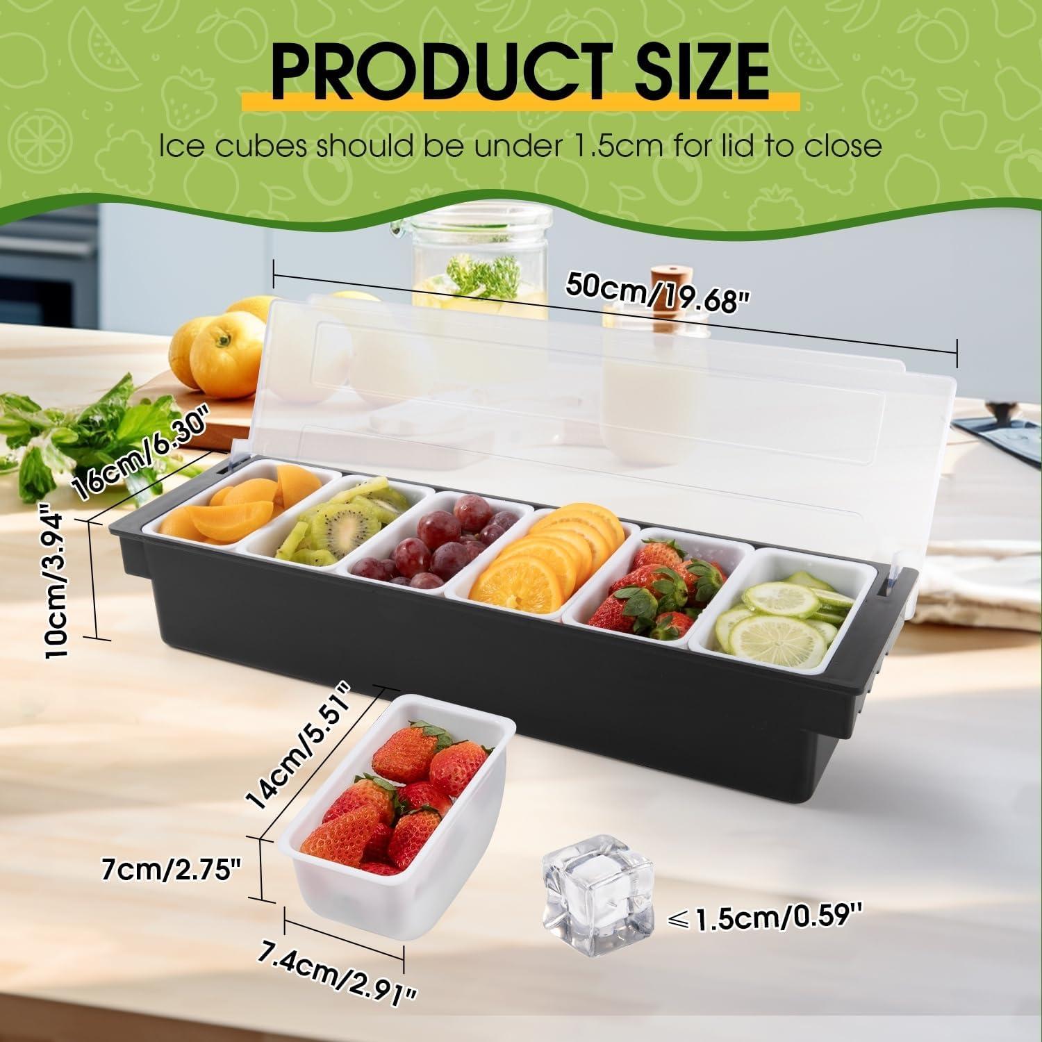 ShengRui Fruit Veggie Condiment Caddy with Lid, 6 Compartment Plastic Dispenser Tray for Catering Dips Toppings, Serving Taco, Ice Cream, Fruit, & Salad Bar,Garnish Organizer for Restaurant Supplies