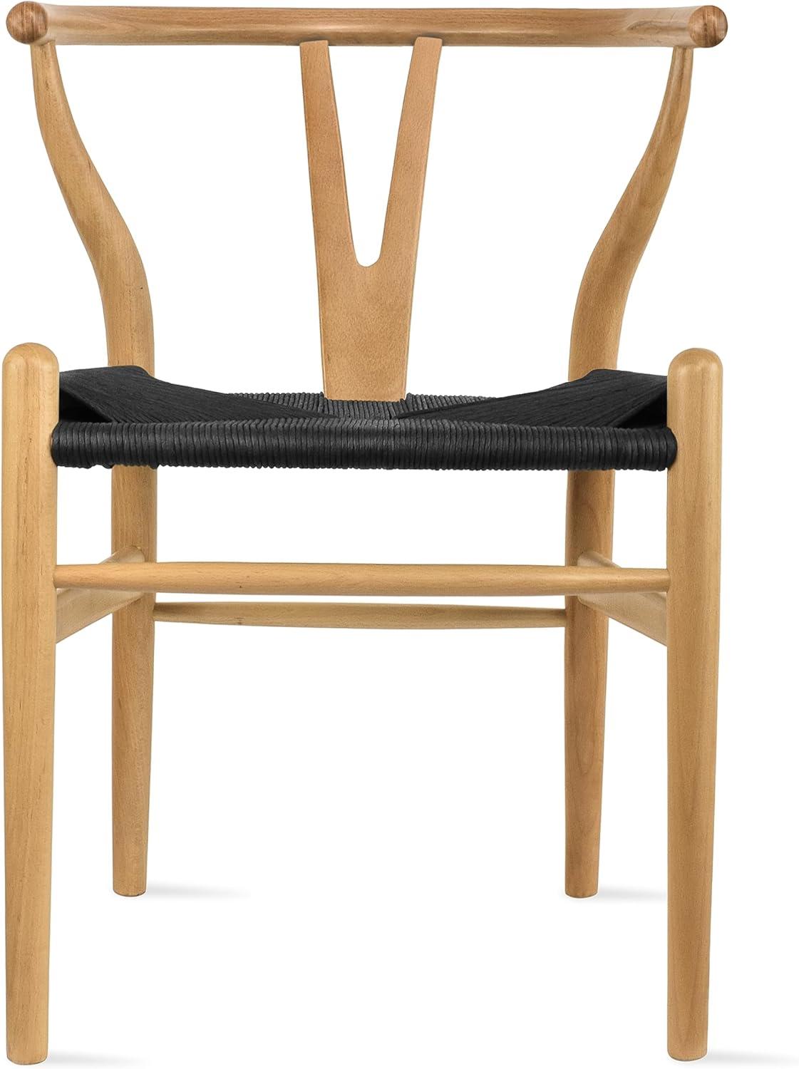 2xhome Set of 2 Wishbone Solid Wood Armchairs with Arms Open Y Back Farmhouse Dining Office Chairs with Woven Black Seat, Natural