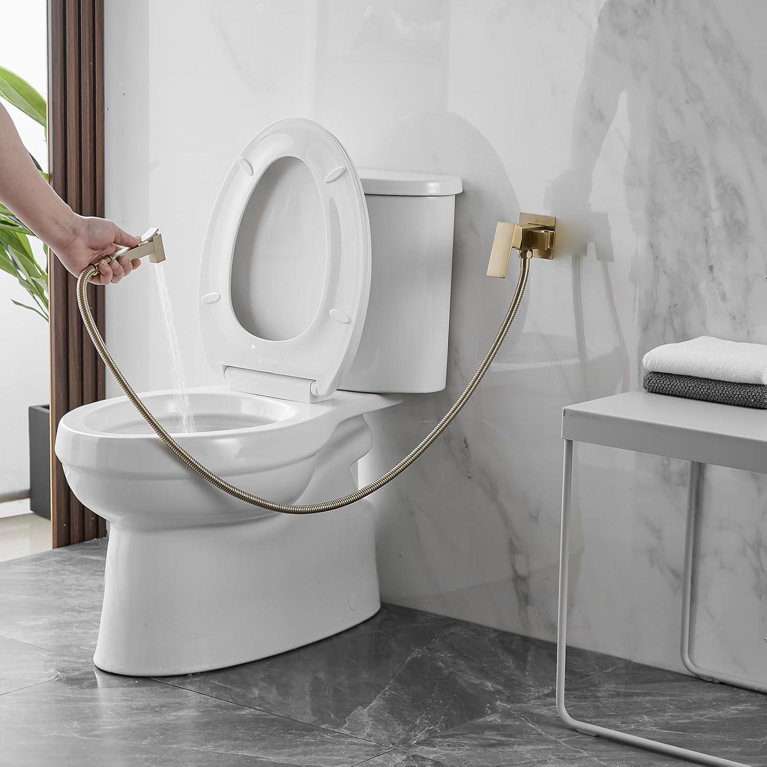 BWE Handheld Toilet Bidet Sprayer for Toilet with Adjustable Water Pressure Hot and Cold Bidet Spray Set Toilets Bidets Wall Mount Cleaning Faucet Jet for Feminine Wash, Brushed Gold